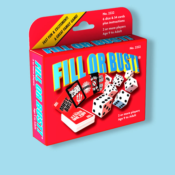 A boxed card game called "Fill or Bust" shown on a light blue background. The red retail box features large blue and yellow title text, dice illustrations, and product details including the number 2222 and age 9 to adult playtime.